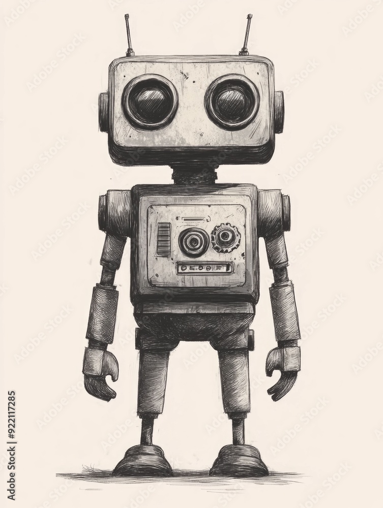 Fototapeta premium Vibrant doodle of a quirky whimsical mechanical robot character with various gears gadgets and other futuristic technological elements Featuring a playful stylized design with a retro futuristic