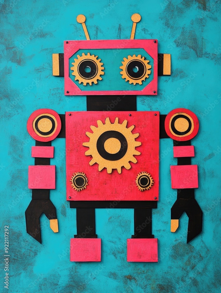 Fototapeta premium Vibrant and quirky doodle art of a funky mechanical robot with gears gadgets and other whimsical details in a modern abstract digital art style