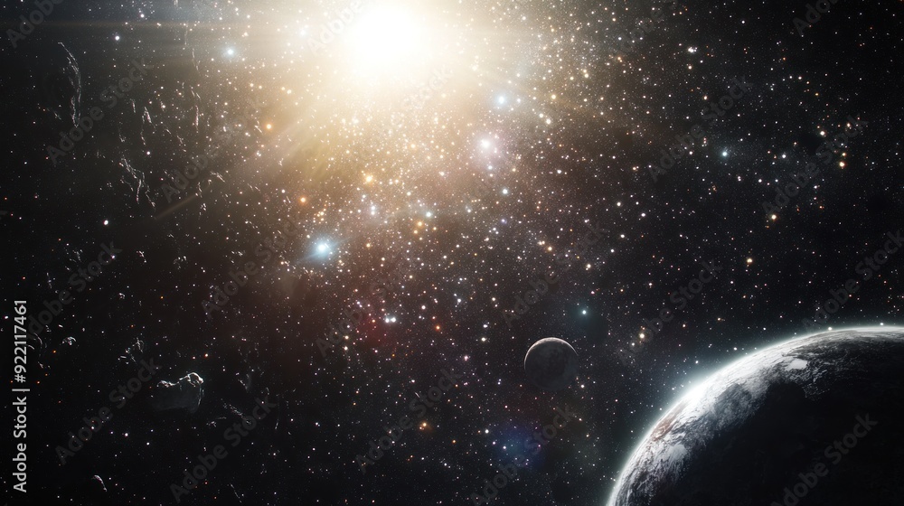 Obraz premium A Distant Star System with a Bright Sun and Planets