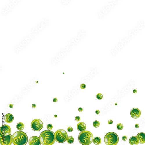 Vitamin Q10 round capsules scattered randomly.