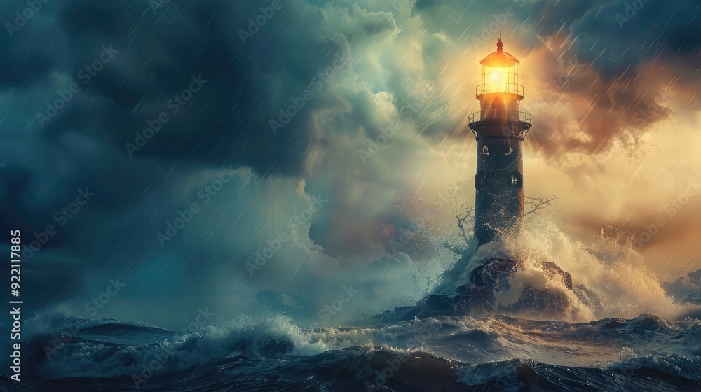 A lighthouse shining brightly over stormy seas, symbolizing guidance, safety, and the achievement of success A lighthouse shining brightly over stormy seas, symbolizing guidance, safety, and the achievement of success