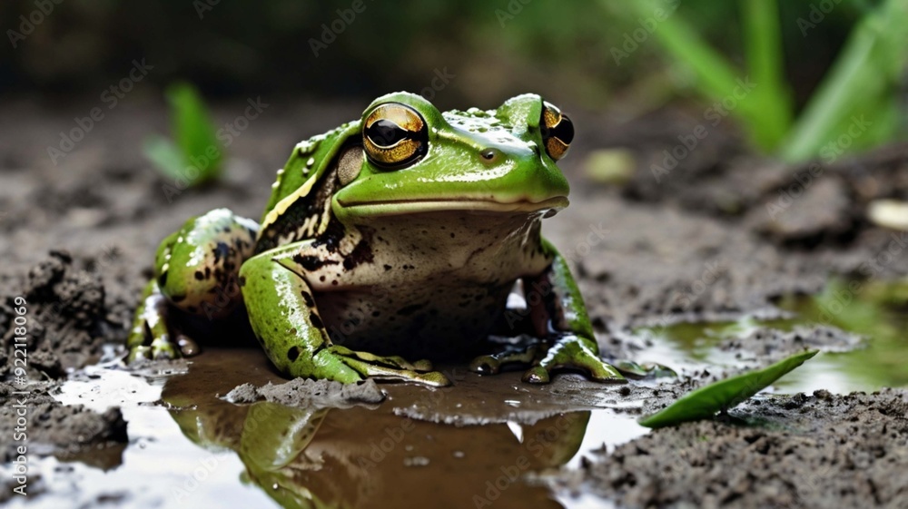 A silent green frog with mud A silent green frog with mud