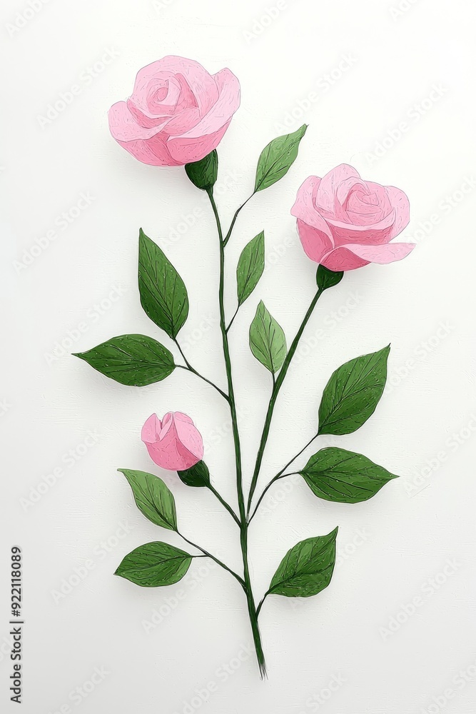 Fototapeta premium Pink Rose with Green Leaves on White Background