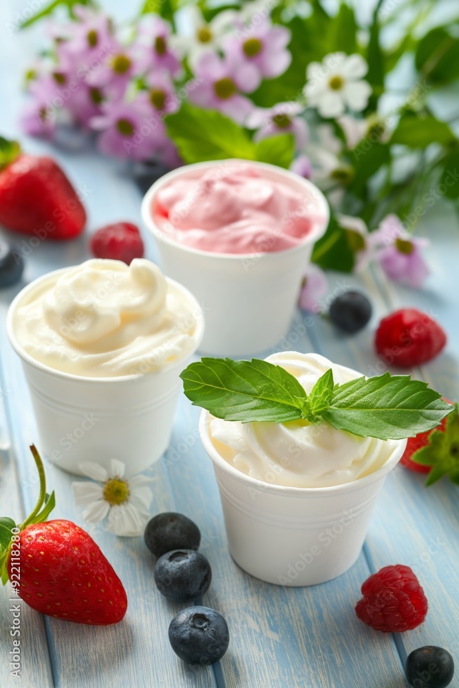 Three cups of different flavored ice cream with a green leaf on top. The cups are on a table with strawberries, blueberries, and raspberries. The table is blue and has a floral design Three cups of different flavored ice cream with a green leaf on top. The cups are on a table with strawberries, blueberries, and raspberries. The table is blue and has a floral design
