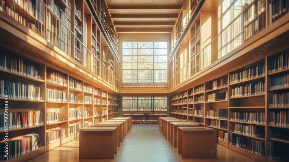 Expansive Library Interior with Sunlight Streaming Through Windows Expansive Library Interior with Sunlight Streaming Through Windows