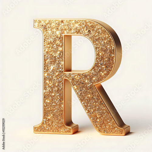 Gold alphabet R with a solid white background.