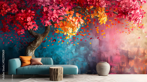Fototapeta Naklejka Na Ścianę i Meble -  Elegant colorful tree with vibrant leaves hanging branches. Bright color 3d abstraction wallpaper for interior mural painting wall