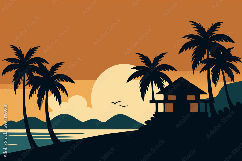 Fototapeta premium Tropical island and beach house silhouette clipart black and white vector art style illustration