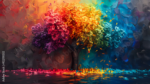 Fototapeta Naklejka Na Ścianę i Meble -  Elegant colorful tree with vibrant leaves hanging branches. Bright color 3d abstraction wallpaper for interior mural painting wall