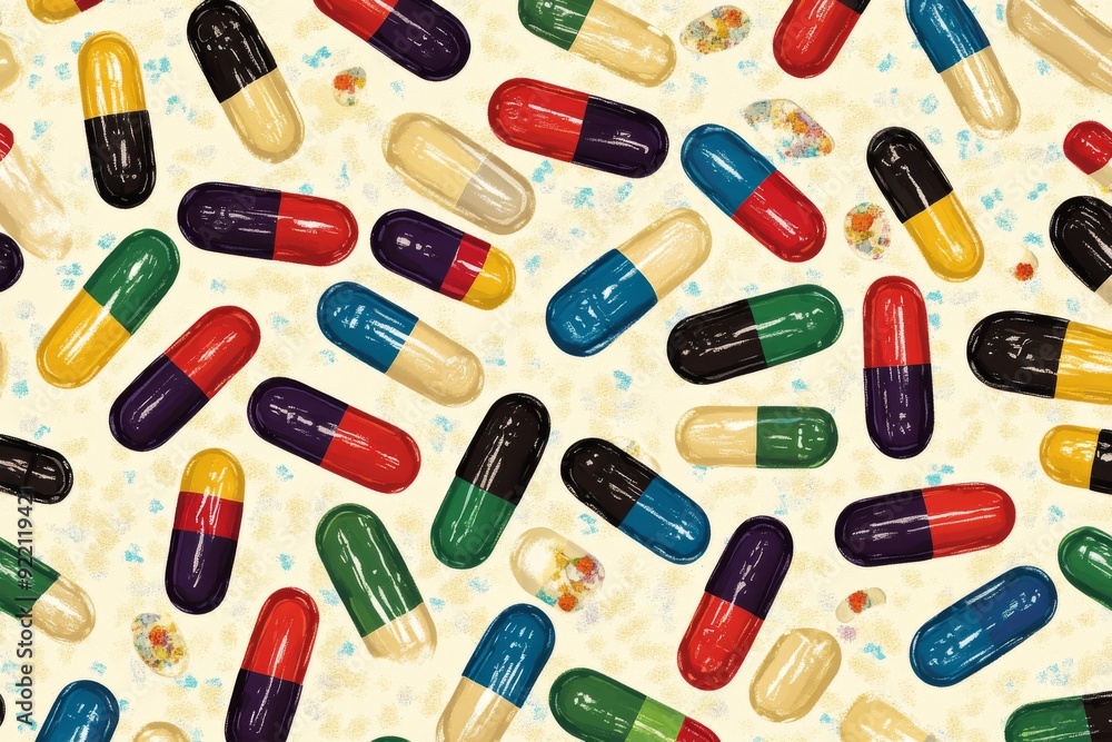Colorful Pills Bursting Out of a Line Drawing of a Traditional Pharmacy Colorful Pills Bursting Out of a Line Drawing of a Traditional Pharmacy
