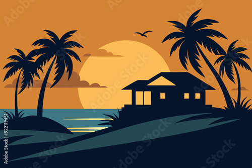 Tropical island and beach house silhouette clipart black and white vector art style illustration