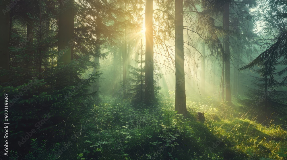 Naklejka premium A peaceful forest with sunlight streaming through the trees, representing growth, vitality, and success