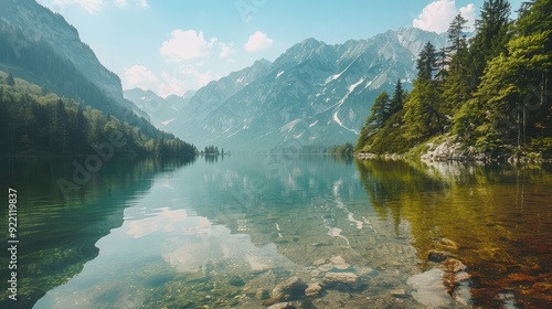 A peaceful mountain lake with a clear reflection, symbolizing clarity, tranquility, and the realization of success