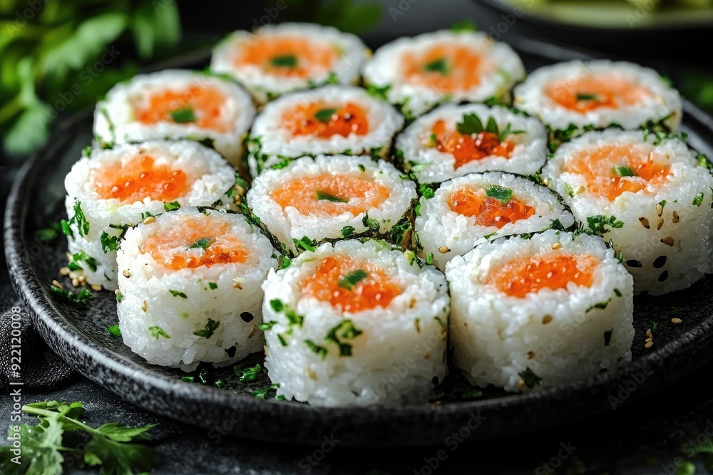 Salmon and Caviar Sushi Rolls on a Black Plate Salmon and Caviar Sushi Rolls on a Black Plate