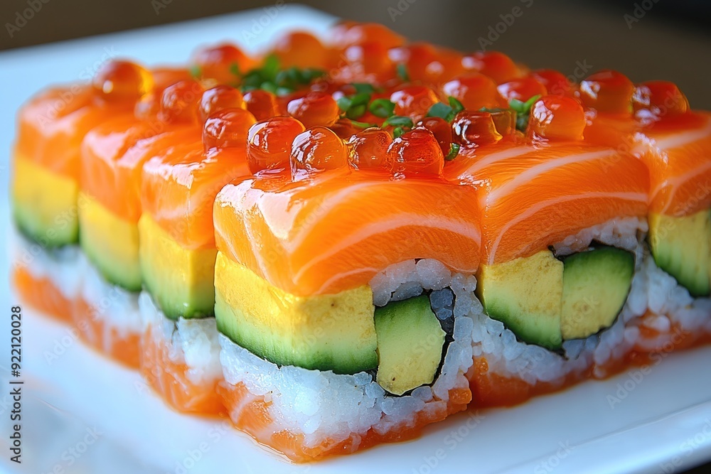 Salmon Avocado Sushi Rolls Topped with Tobiko and Green Onion Salmon Avocado Sushi Rolls Topped with Tobiko and Green Onion