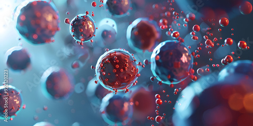 Red and Blue Molecular Spheres in Abstract Science Visualization with Depth and Light Effects, erythrocytes  RBCs anucleate, biconcave cells, filled with hemoglobin, transport oxygen carbon dioxide photo