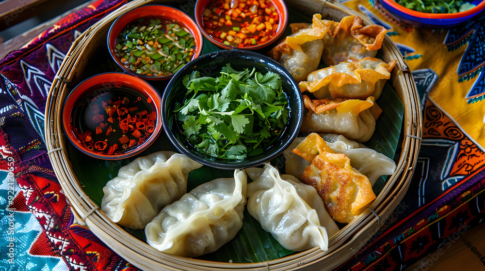 Plate of Assorted Dumplings with Dipping Sauces and Fresh Herbs. Plate of Assorted Dumplings with Dipping Sauces and Fresh Herbs.
