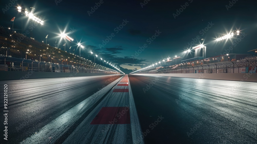 A racetrack under the clear night sky, illuminated by bright floodlights and casting long shadows across the surface A racetrack under the clear night sky, illuminated by bright floodlights and casting long shadows across the surface
