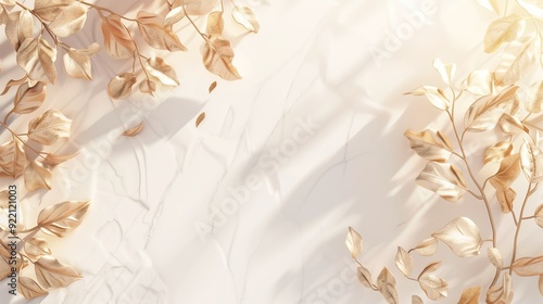 Wallpaper Mural Elegant gold leaves on a white marble background. Framed for luxury, it is perfect for invitations, cards, or trendy seasonal designs. A bright and natural touch of sophistication. Torontodigital.ca