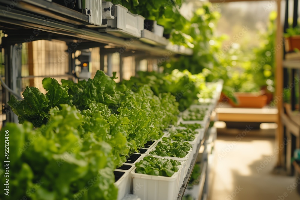 Indoor garden featuring vibrant green lettuce and herbs in a well-lit hydroponic setup Indoor garden featuring vibrant green lettuce and herbs in a well-lit hydroponic setup
