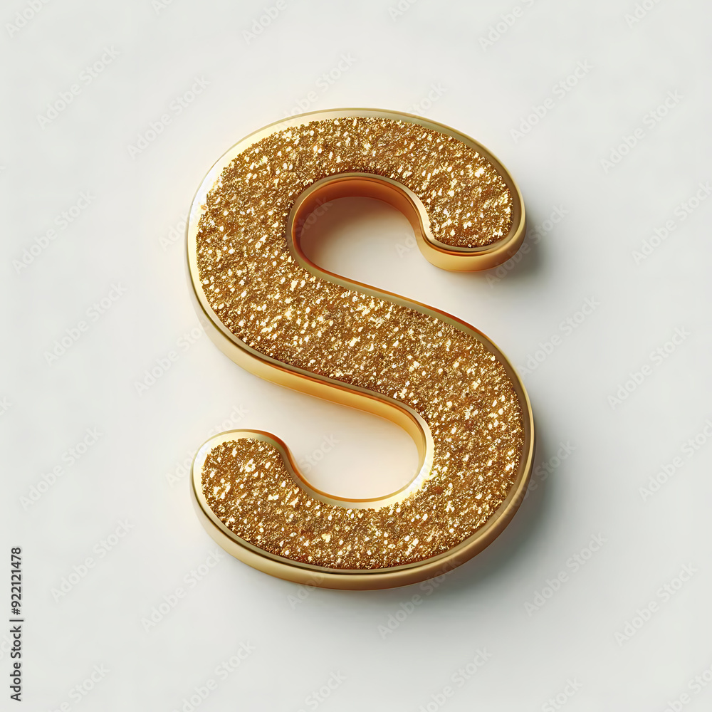 Gold shimmery single alphabet S with a solid white background.