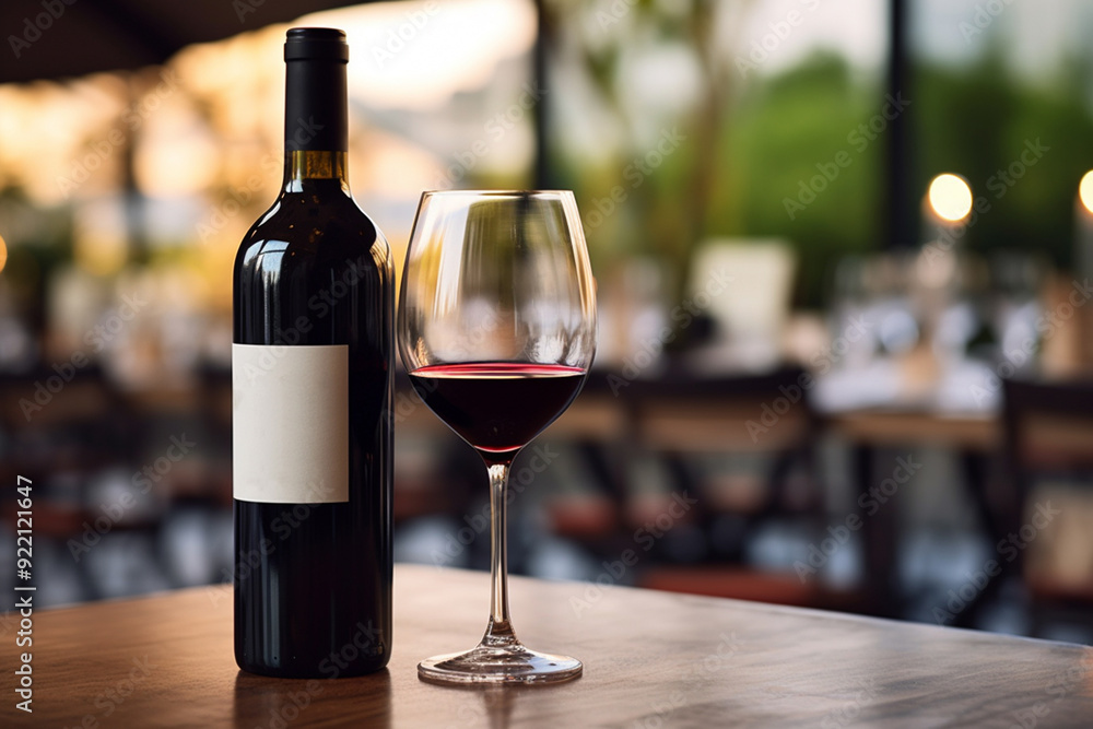 Template of bottle of red wine with wine glasses with red wine on table Template of bottle of red wine with wine glasses with red wine on table