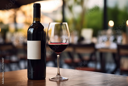 Template of bottle of red wine with wine glasses with red wine on table