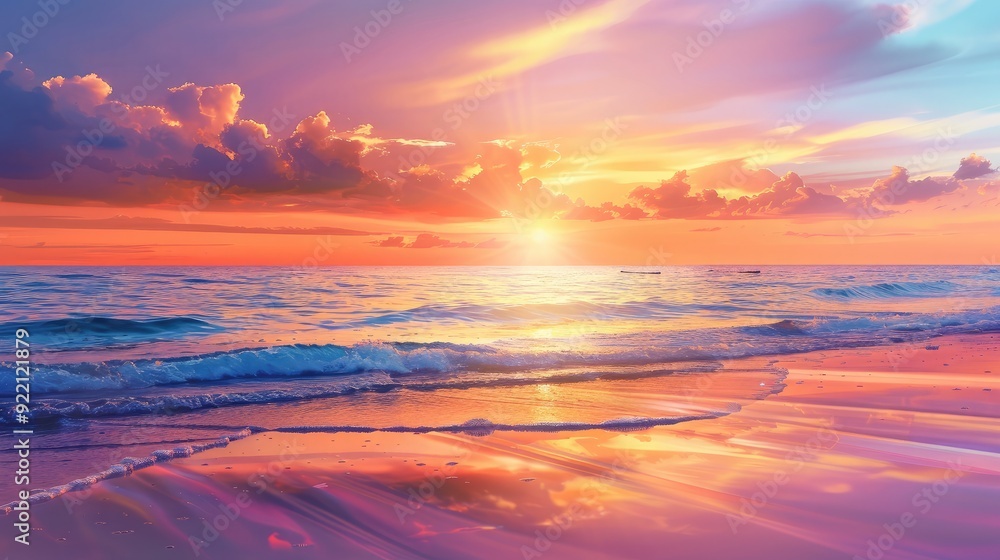 A serene beach sunset background with vibrant hues of orange and pink reflecting on calm waters A serene beach sunset background with vibrant hues of orange and pink reflecting on calm waters