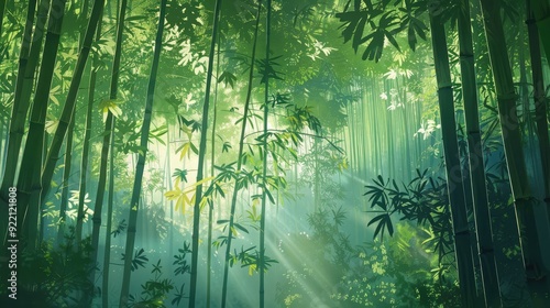 A serene bamboo forest background with tall, slender stalks and dappled sunlight, offering tranquility and peace