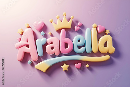  3D render of arabella logo with pastel colors and stars, youthful design with pink hearts and crown perfect for romantic projects