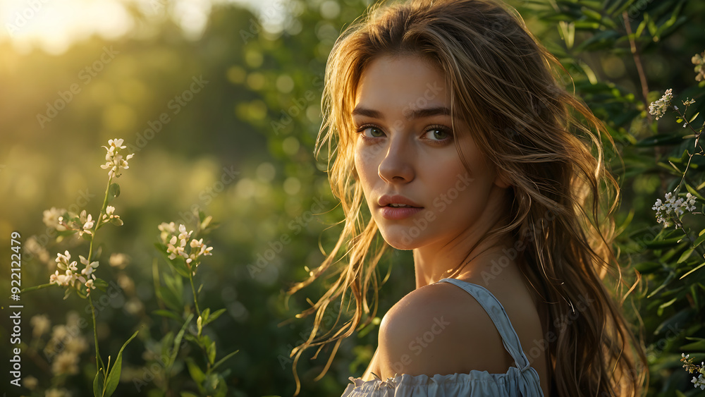 Young Model in a Field of Flowers with Her Hair Blowing in the Wind Young Model in a Field of Flowers with Her Hair Blowing in the Wind
