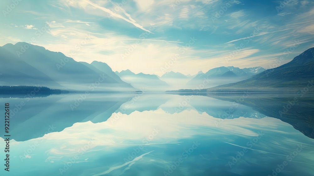 Obraz premium A serene lake reflection background with mountains mirrored in the water under a soft morning light