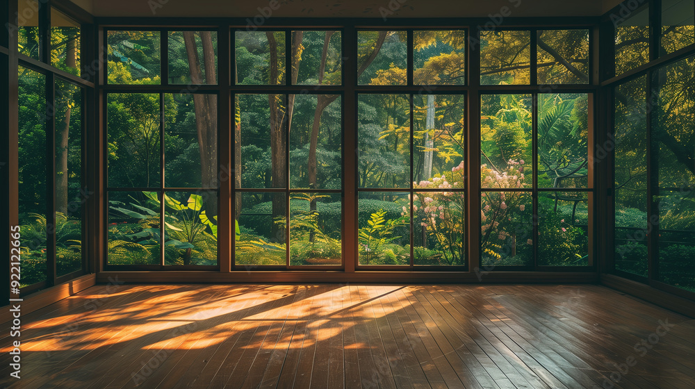 Sun-Drenched Tranquility: A serene sunroom bathed in golden light, overlooking a lush green forest, offering a peaceful escape into nature. Sun-Drenched Tranquility: A serene sunroom bathed in golden light, overlooking a lush green forest, offering a peaceful escape into nature.