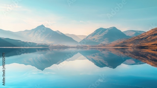 Fototapeta Naklejka Na Ścianę i Meble -  A serene lake reflection background with mountains mirrored in the water under a soft morning light