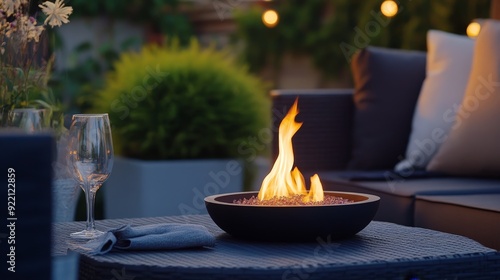 A cozy scene of a small fire in a tabletop fire pit on a patio. The gentle flames and soft light add a warm and inviting touch to the outdoor evening gathering