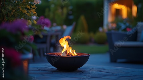 A cozy scene of a small fire in a tabletop fire pit on a patio. The gentle flames and soft light add a warm and inviting touch to the outdoor evening gathering