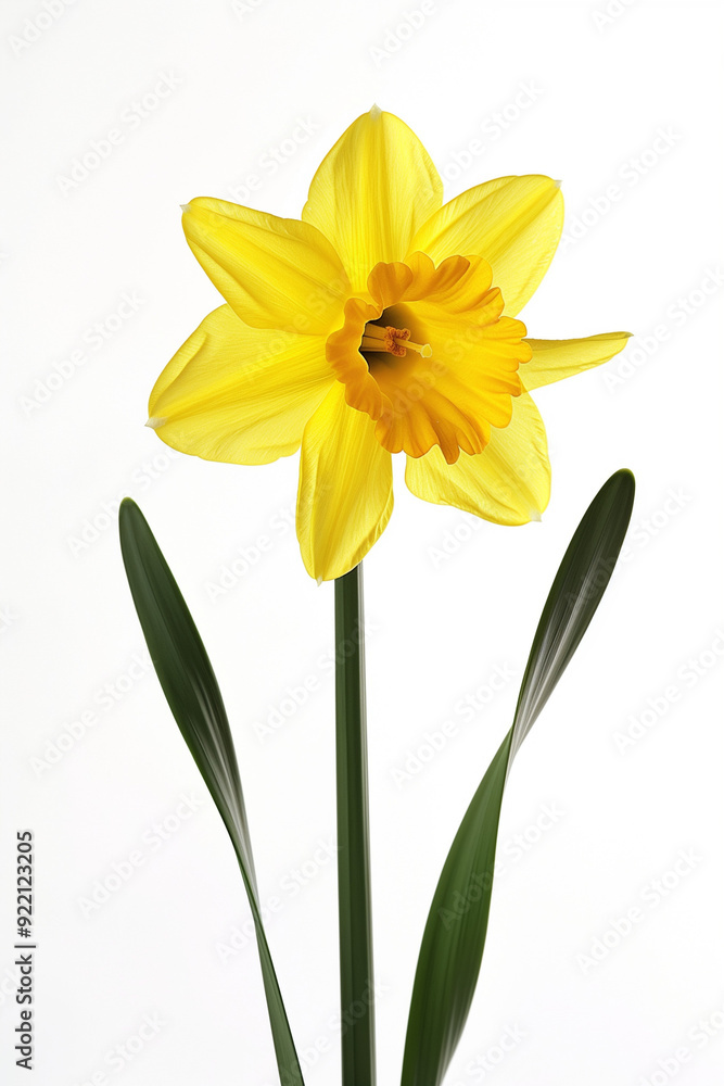 A solitary daffodil in full bloom against a pristine white backdrop, its vibrant yellow petals heralding the arrival of spring. A solitary daffodil in full bloom against a pristine white backdrop, its vibrant yellow petals heralding the arrival of spring.