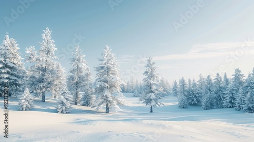 A serene winter landscape background with snow-dusted trees and a soft blanket of snow under a clear sky