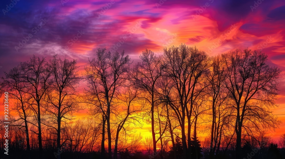 A silhouette of trees against a fiery sunset sky, with hues of orange, pink, and purple blending beautifully A silhouette of trees against a fiery sunset sky, with hues of orange, pink, and purple blending beautifully