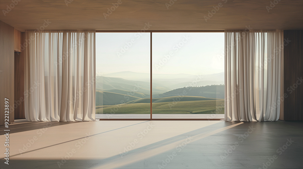 Fototapeta premium Serene Dawn Vista: Minimalist interior with floor-to-ceiling windows framing a breathtaking sunrise over rolling hills, inviting tranquility and awe. 