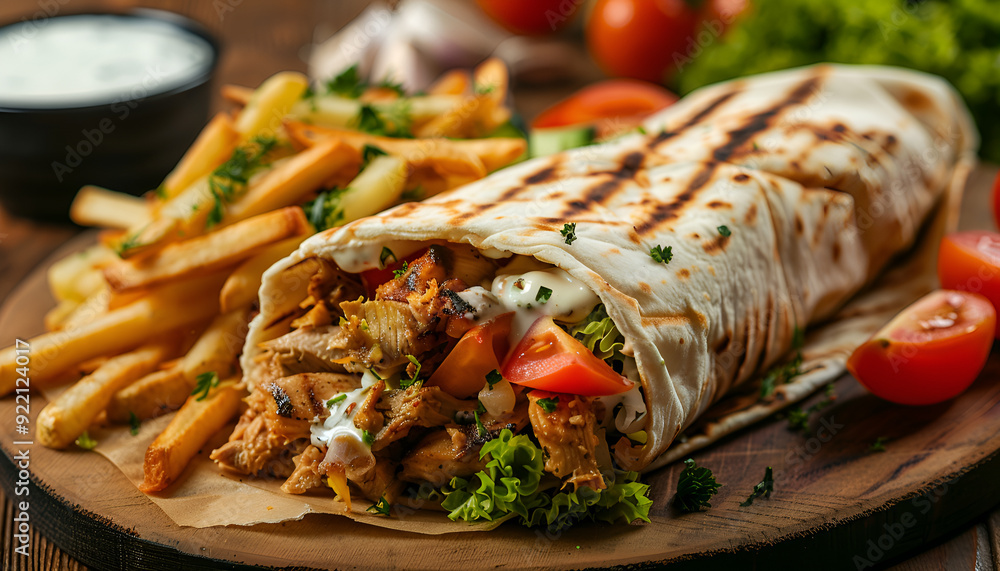 Shawarma chicken roll in a pita with fresh vegetables, cream sauce and french fries on wooden background Shawarma chicken roll in a pita with fresh vegetables, cream sauce and french fries on wooden background