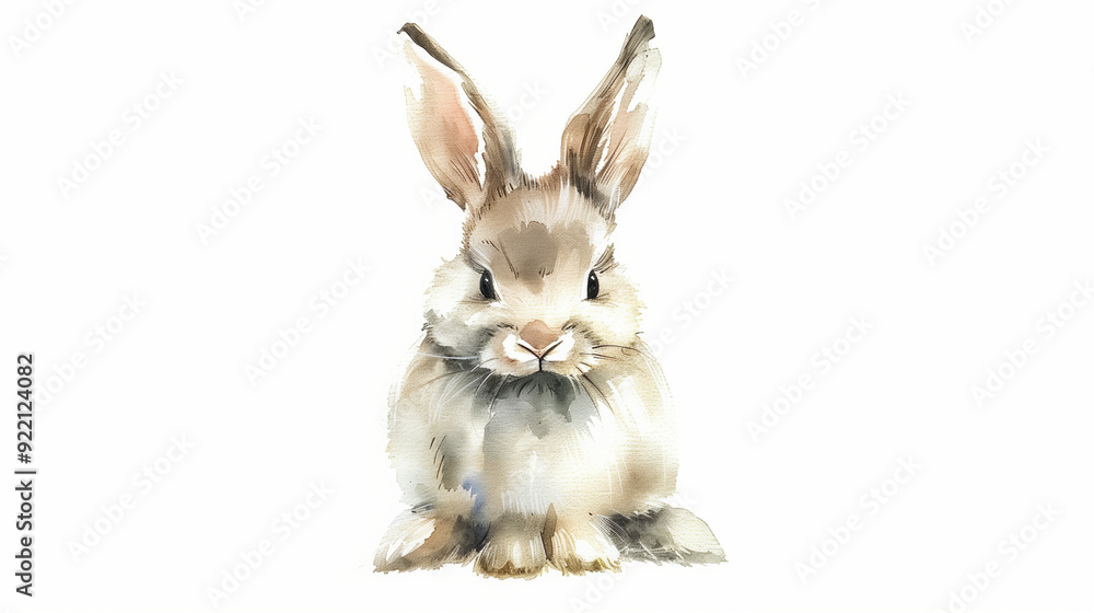 Obraz premium watercolor picture of a sweet little bunny with long ears and soft fur on a white background, looking adorable and curious. 