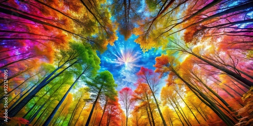 Chromatic Symphony: Vibrant, saturated, rainbow, spectrum, kaleidoscope, colorful forest.