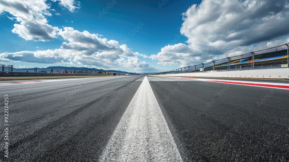 Fototapeta premium A straight section of racetrack with clear white lines, inviting speed and precision from the drivers