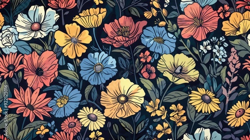 Colorful seamless pattern of various blooming flowers.