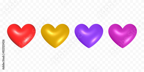 3d glossy golden heart set collection. Colorful hearts collection three dimensional render vector illustration