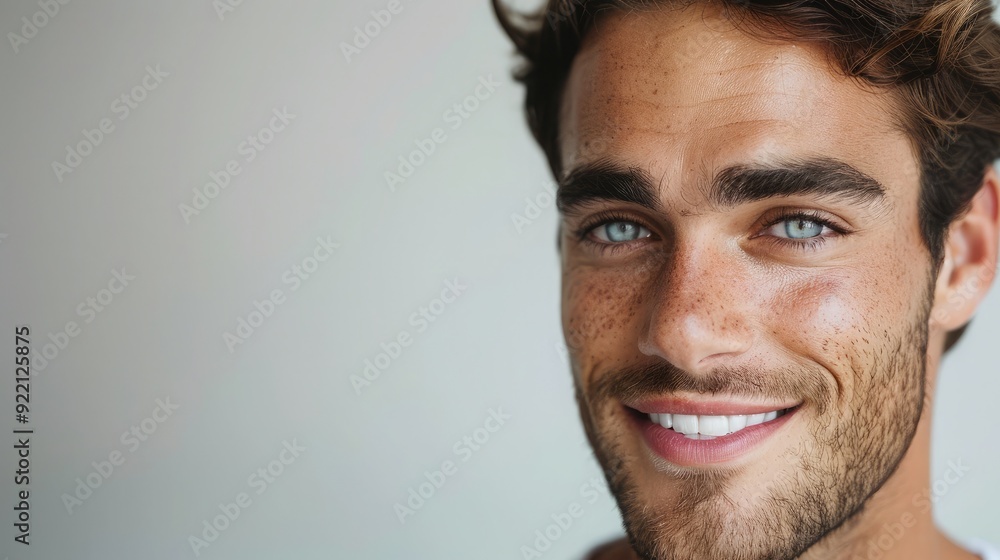 Elegant man with clear skin, smiling softly. Plenty of copy space on the right side. Elegant man with clear skin, smiling softly. Plenty of copy space on the right side.