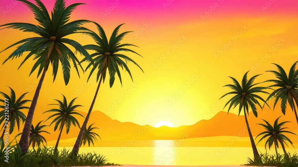 A tranquil tropical scene with palm trees silhouetted by a vibrant sunset, as the sun dips below the horizon, casting warm hues across the sky and ocean A tranquil tropical scene with palm trees silhouetted by a vibrant sunset, as the sun dips below the horizon, casting warm hues across the sky and ocean