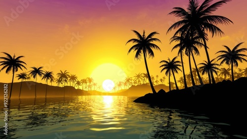 A breathtaking tropical sunset over a serene ocean, with silhouetted palm trees framing the vibrant sky in shades of orange and pink, creating a perfect paradise