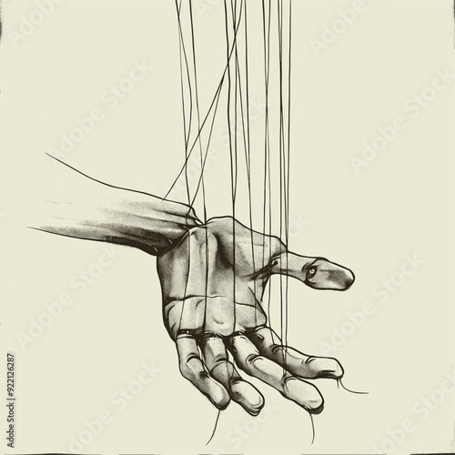 Hand with puppet strings, sketch style.
